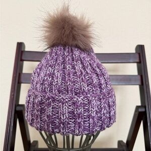 Purple Knit Beanie with Faux Fur Pom